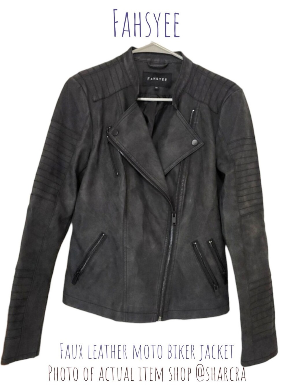 Fahsyee Women's faux leather  Motorcycle Jacket asymmetrical Zip Smokey grey M
